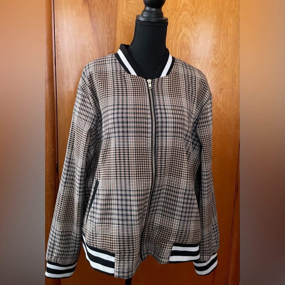 Plaid Bomber Jacket with Striped Trim - Brown/Black
